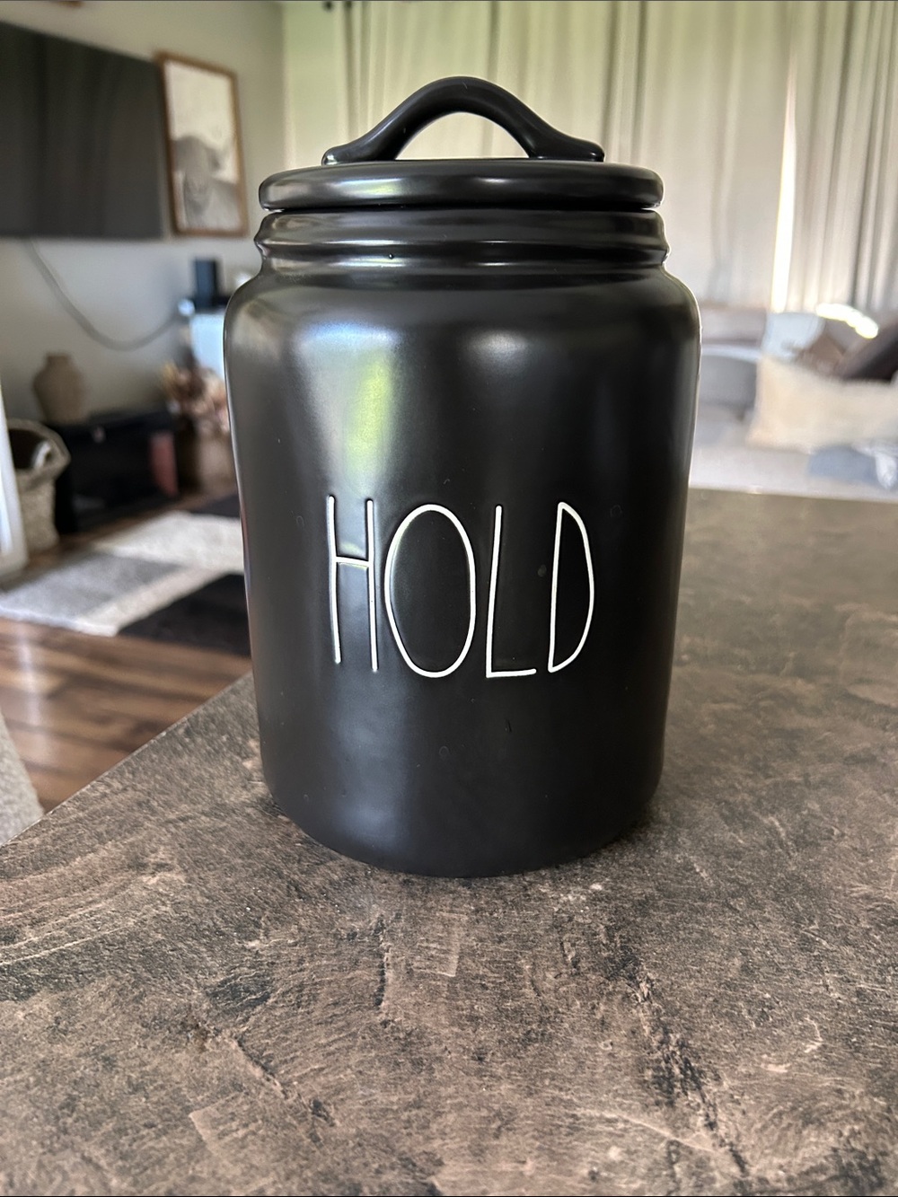 Rae Dunn Black Ceramic 'HOLD' Kitchen Canister -Black